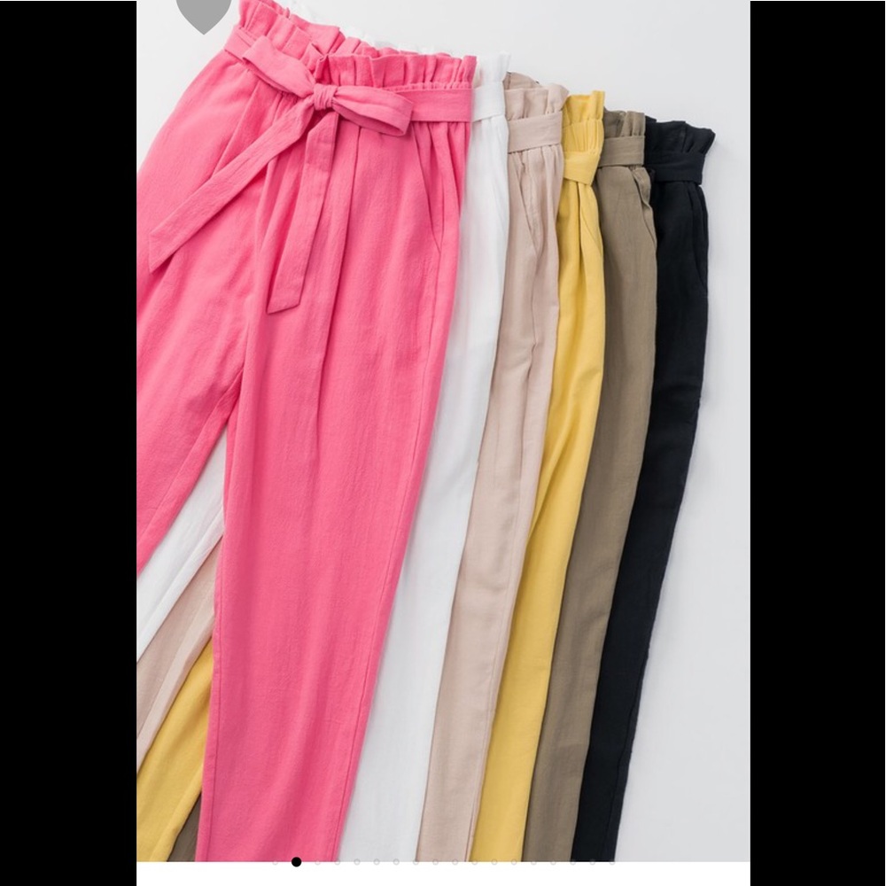 High waisted straight legs linen paper bag pants